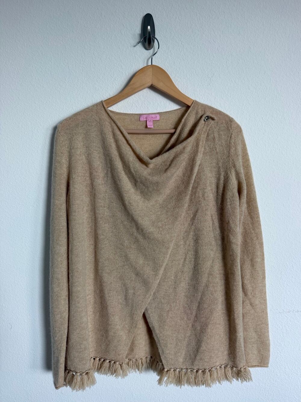 Lily Pulitzer Cashmere Wrap Cream Sweater Fringe Size Small Fall top